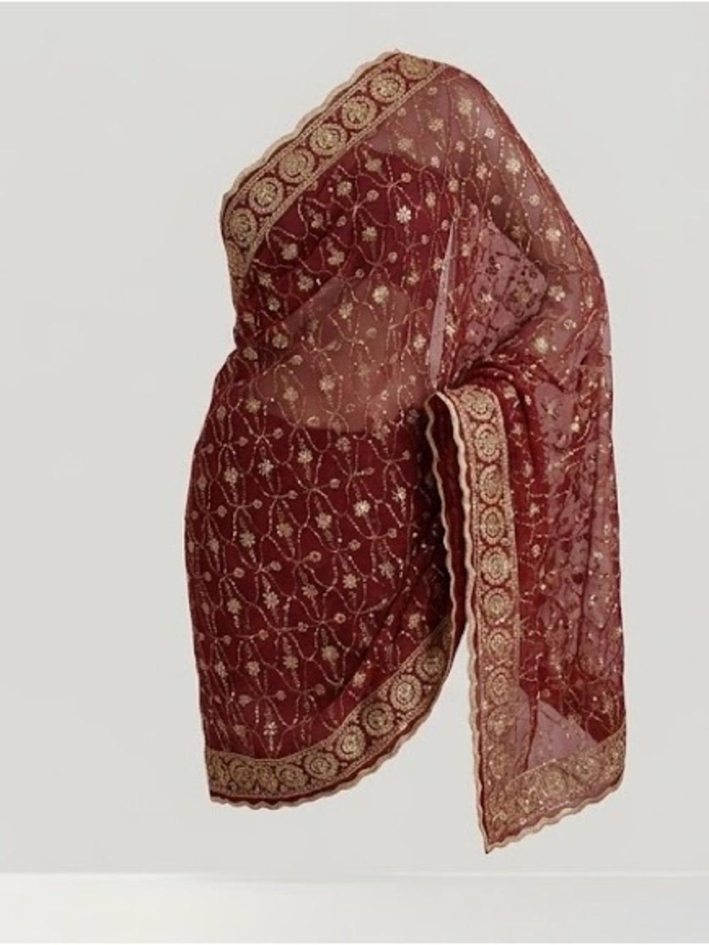 Elegant Maroon & Gold Embroidered Net Chunni / Dupatta | Size: 72" x 38"